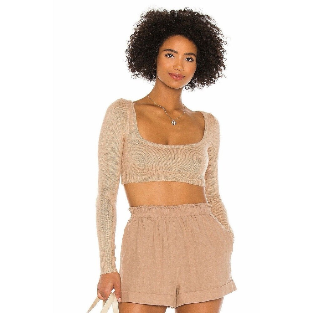 Lovers + Friends Hailee Crop Sweater Medium Fall Tan Brown Long Sleeve